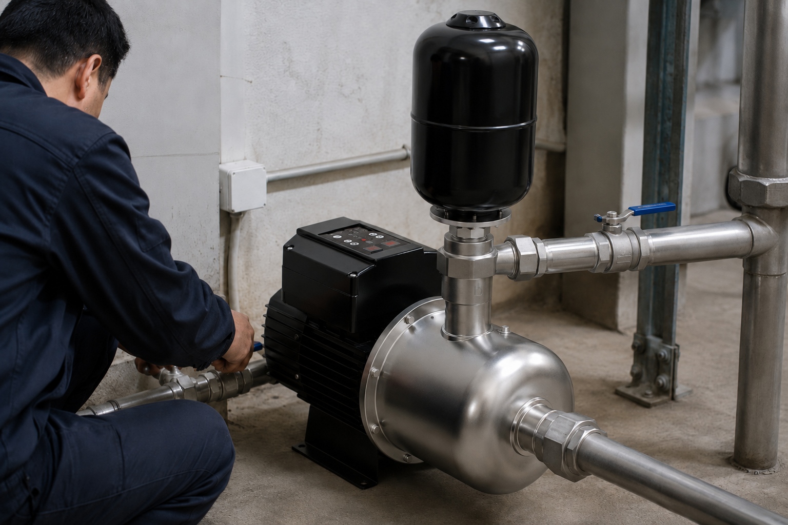 A realistic indoor pump installation scene showing a RAFSUN booster pump installed in a clean mechanical room for a water pressure booster system. The permanent magnet variable frequency booster pump features a black motor body, a top mounted smart control panel, a stainless steel multistage pump head, and a vertical pressure tank positioned above the pump head. Straight stainless steel inlet and outlet pipes are connected with unions, valves, elbows, tees, pipe clamps, and threaded fittings, creating a professional indoor pump installation that looks ready for stable constant pressure water supply. A Chinese technician is checking the pipeline connection beside the variable speed booster pump, while the RAFSUN booster pump operates as a smart booster pump for residential, commercial, basement, or equipment room applications. The clean concrete floor, wall mounted pipe supports, and orderly metal piping make the scene natural, practical, and suitable for showcasing a constant pressure water pump in a real booster water system.