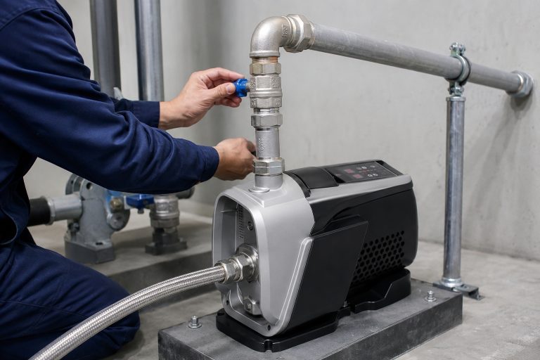 A realistic indoor pump installation scene showing a single RAFSUN booster pump mounted securely on a metal platform with visible anchor bolts in a clean mechanical room. The permanent magnet variable frequency booster pump features an integrated RUC style body with a silver front pump head, dark rear motor housing, top control panel, black base, and side ventilation design. The front inlet is connected with a braided stainless steel pipe, while the top front outlet is fitted with metal unions, elbows, valves, and a horizontal discharge pipe supported by wall mounted pipe clamps. A professional technician is adjusting the valve beside the unit, creating a natural indoor pump installation environment for a water pressure booster system. The clean metal piping, threaded connectors, shutoff valves, and secure fittings show a practical constant pressure water pump setup designed for stable water supply. This RAFSUN booster pump works as a smart booster pump and variable speed booster pump solution for residential, commercial, and light industrial water pressure applications.
