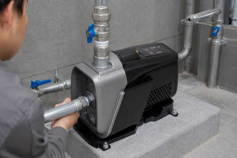 A professional indoor pump installation showcasing a RAFSUN permanent magnet variable frequency booster pump in a clean mechanical room. The compact variable speed booster pump is mounted securely on a raised concrete base with anchor bolts and a black base plate. The pump body features a silver and black housing, with a top-mounted control panel displaying buttons and digital indicators for monitoring constant pressure water flow. A front recessed inlet is connected to a horizontal metallic pipe with a union fitting, while the top-front outlet has a vertical metal pipe extending upwards, complete with elbow joints, tees, blue-handled ball valves, and pipe clamps, forming a complete water pressure booster system. A technician, shown from the back and side, adjusts the front coupling, emphasizing the professional installation. The environment includes additional polished metal pipes attached to the walls with clamps, conveying a smart booster pump operating within an indoor water supply setup, ensuring stable constant pressure operation. Keywords naturally included: permanent magnet variable frequency booster pump, variable speed booster pump, constant pressure water pump, smart booster pump, water pressure booster system, indoor pump installation, RAFSUN booster pump.