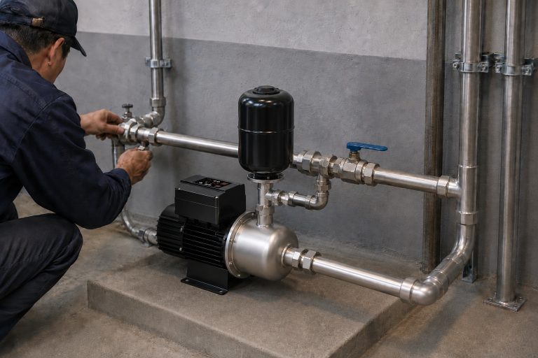 A realistic indoor pump installation scene showing a RAFSUN booster pump installed on a concrete platform in a clean mechanical room. The RAFSUN permanent magnet variable frequency booster pump features a black motor housing, top mounted smart controller, silver stainless pump body, vertical pressure tank, front horizontal inlet, and a side outlet connected to a metal pipe system. The indoor pump installation includes clean stainless steel inlet and outlet pipes, unions, valves, elbows, tee fittings, connectors, and wall mounted pipe clamps for a professional water pressure booster system. A technician is checking the pipe connection beside the variable speed booster pump, showing a practical constant pressure water pump setup designed for stable water supply, energy efficient operation, and reliable pressure boosting in residential or commercial utility rooms.