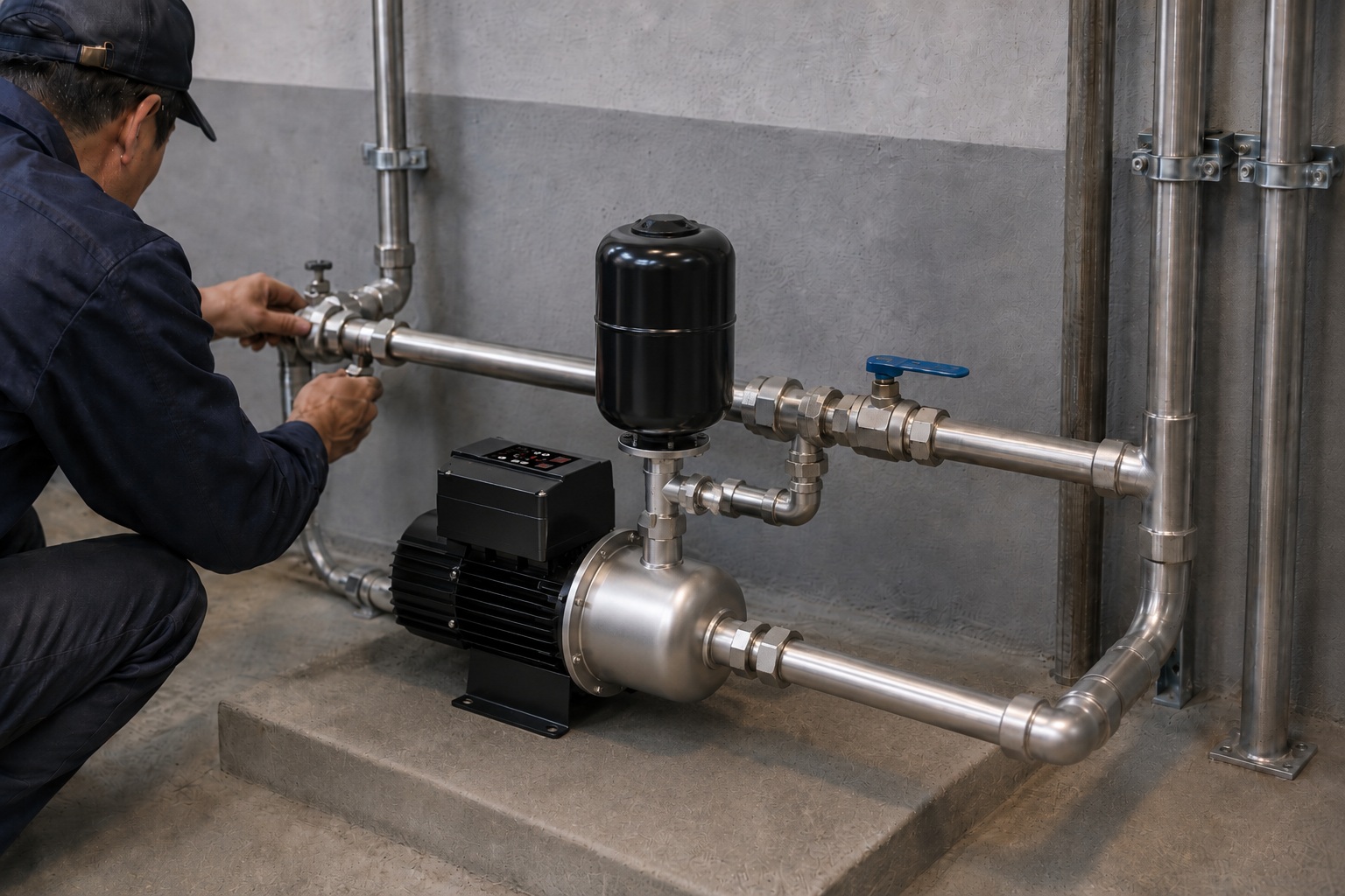 A realistic indoor pump installation scene showing a RAFSUN booster pump installed on a concrete platform in a clean mechanical room. The RAFSUN permanent magnet variable frequency booster pump features a black motor housing, top mounted smart controller, silver stainless pump body, vertical pressure tank, front horizontal inlet, and a side outlet connected to a metal pipe system. The indoor pump installation includes clean stainless steel inlet and outlet pipes, unions, valves, elbows, tee fittings, connectors, and wall mounted pipe clamps for a professional water pressure booster system. A technician is checking the pipe connection beside the variable speed booster pump, showing a practical constant pressure water pump setup designed for stable water supply, energy efficient operation, and reliable pressure boosting in residential or commercial utility rooms.
