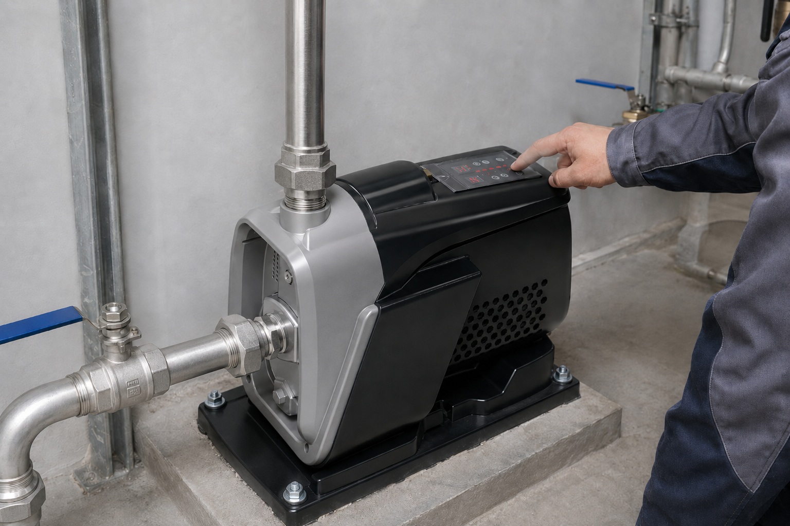 A realistic indoor pump installation scene showing a RAFSUN booster pump fixed securely on a concrete platform inside a clean mechanical room. The RAFSUN permanent magnet variable frequency booster pump features a compact gray and black integrated body, a top mounted smart controller, front inlet connection, and top outlet pipe connection for a professional water pressure booster system. Clean metal inlet and outlet pipes are connected with unions, valves, elbows, threaded fittings, pipe clamps, and anchor bolts, creating a complete indoor pump installation for stable constant pressure water supply. A technician is operating the control panel, showing how a variable speed booster pump can be reset and checked safely during maintenance. The scene presents a smart booster pump used in residential or commercial water pressure boosting applications, with the constant pressure water pump installed in a realistic basement equipment room environment.