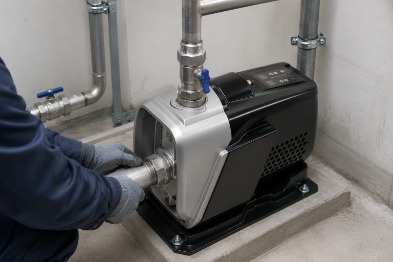 A detailed indoor pump installation scene featuring a single RAFSUN permanent magnet variable frequency booster pump installed in a clean utility room. The compact variable speed booster pump sits on a black mounting base firmly bolted to a concrete platform, with the silver front shroud and black perforated housing clearly visible. The top control panel displays buttons and indicator lights for smart control, while the front inlet is connected to a stainless steel pipe with a threaded union, and the top-front outlet pipe features a hexagonal fitting with a blue-handled ball valve. The polished metal piping includes elbows, tees, connectors, and clamps securely attached to the wall, forming a professional water pressure booster system setup. A technician in work gloves adjusts the front connection, illustrating the constant pressure water pump in operation. The surrounding environment includes concrete walls, metal support brackets, and clean piping, highlighting a realistic and functional indoor pump installation, showcasing the RAFSUN booster pump as a smart booster pump and integral part of a well-organized water supply system.