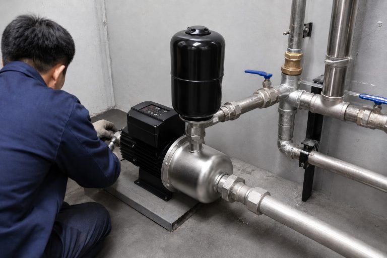 A realistic indoor pump installation scene showing a RAFSUN booster pump connected to a clean metal piping system in a professional equipment room. The RAFSUN permanent magnet variable frequency booster pump features a black motor and top mounted smart controller, a stainless steel pump body, a horizontal front inlet, a side outlet connection, and a vertical black pressure tank installed above the pump head. The variable speed booster pump is mounted on a stable platform and connected with straight metal inlet and outlet pipes, unions, valves, elbows, tee fittings, threaded connectors, and wall mounted pipe clamps for a complete water pressure booster system. A Chinese technician is checking the pipe connection beside the unit, creating a natural indoor pump installation scene for residential or commercial water supply. The smart booster pump is designed for stable booster operation, constant pressure water pump performance, and reliable high pressure water delivery in modern building water systems.