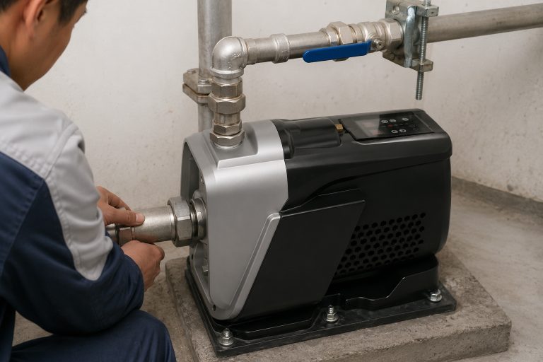 A realistic indoor pump installation shows a RAFSUN booster pump fixed securely on a concrete platform with anchor bolts in a clean utility room. The permanent magnet variable frequency booster pump features a compact black and silver integrated body, a front pump head, a top mounted digital control panel, side ventilation openings, and a sturdy base structure. The inlet pipe is connected to the front threaded port, while the outlet pipe rises from the top front connection through a metal elbow and continues into a horizontal pipeline. Clean metal piping, union fittings, shut off valves, threaded connectors, wall mounted pipe clamps, and support brackets create a professional water pressure booster system for stable water supply. A technician is adjusting the front pipe connection by hand, giving the scene a natural indoor pump installation look. This RAFSUN booster pump works as a smart booster pump and constant pressure water pump for residential or light commercial well water pressure support, showing how a variable speed booster pump can help maintain reliable pressure in an indoor water supply system.