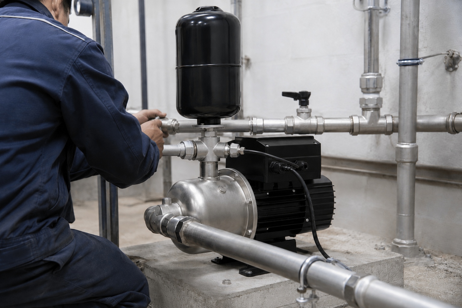 A realistic indoor pump installation scene showing a RAFSUN booster pump mounted securely on a concrete equipment platform in a clean mechanical room. The permanent magnet variable frequency booster pump features a black horizontal motor, silver stainless steel pump head, top mounted smart controller, and a vertical black pressure tank positioned above the pump head. The front inlet is connected with a straight metal pipe from the lower right side, while the outlet between the pump head and pressure tank is connected into the right side piping system with threaded fittings, unions, elbows, valves, and pipe clamps. A professional technician is checking the pipe connection beside the unit, creating a natural indoor pump installation environment. The clean metal pipework and stable mounting bolts show a practical water pressure booster system designed for constant pressure water pump operation, stable water supply, and reliable booster performance. This RAFSUN booster pump provides a professional smart booster pump and variable speed booster pump solution for residential, commercial, and light industrial applications.