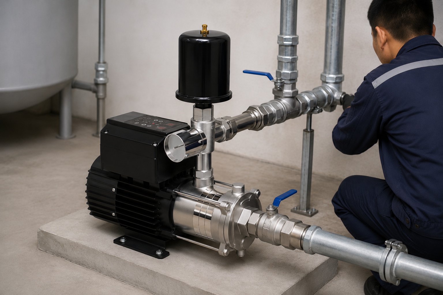 RAFSUN permanent magnet variable frequency booster pump installed in a clean indoor pump room with professional metal piping, showing a realistic water pressure booster system for stable and constant pressure water supply. The smart booster pump features a black finned motor, top mounted intelligent controller, stainless steel multistage pump body, horizontal front inlet connection, side discharge piping, and a vertical black pressure tank above the pump head. Clean galvanized pipes, unions, blue handle valves, elbows, threaded fittings, pipe clamps, and support brackets create a practical indoor pump installation for residential, commercial, or mechanical room water supply systems. A technician is checking the pipe connection in the background, while the RAFSUN booster pump operates as a variable speed booster pump designed for efficient pressure boosting, smooth flow control, and reliable constant pressure water pump performance.