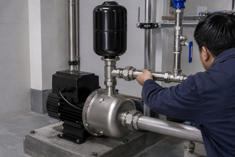A realistic indoor pump installation scene showing a RAFSUN booster pump mounted on a raised equipment base in a clean mechanical room. The pump features a stainless steel pump head, a black motor body, a top mounted control box, and a vertical black pressure tank installed directly above the pump head, reflecting the real structure of a permanent magnet variable frequency booster pump. The front inlet is connected to a horizontal metal pipe, while the outlet between the pump head and pressure tank is linked into the right side pipe network with stainless steel unions, valves, fittings, elbows, and secure pipe clamps. A technician is seen from the side and back adjusting the piping, adding a natural and professional engineering feel. This indoor pump installation presents a RAFSUN booster pump working as a variable speed booster pump, constant pressure water pump, and smart booster pump within a stable water pressure booster system for reliable residential or commercial water supply.