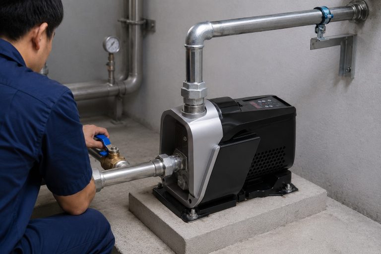 A professional indoor pump installation in a clean and organized utility room featuring a RAFSUN permanent magnet variable frequency booster pump. The variable speed booster pump has a compact, robust black and silver body with a top-mounted control panel displaying digital indicators. Stainless steel inlet and outlet pipes are connected with precision, including blue-handled valves, elbows, unions, and pipe clamps, forming a complete water pressure booster system. The pump is securely mounted on a solid base, delivering constant pressure water supply in a smart booster pump setup. The environment includes polished concrete flooring, structural supports, and well-arranged mechanical equipment, creating a realistic and professional scene of a water pressure booster system in operation. The Alt Description naturally incorporates keywords such as permanent magnet variable frequency booster pump, variable speed booster pump, constant pressure water pump, smart booster pump, water pressure booster system, indoor pump installation, and RAFSUN booster pump.