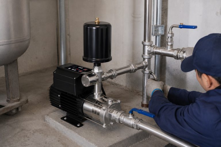 A realistic indoor pump installation scene showing a RAFSUN booster pump installed in a clean mechanical room for stable water pressure boosting. The permanent magnet variable frequency booster pump features a black finned motor body, stainless steel multistage pump section, top mounted smart control panel, and a vertical black pressure tank above the pump head. The front inlet is connected to a clean metal water pipe with union fittings and a blue handle valve, while the side outlet between the pump head and pressure tank connects horizontally into a right side pipe system with tees, elbows, couplings, pipe clamps, and shutoff valves. A professional installer is checking the pipe connection beside the unit, creating a natural indoor pump installation environment for a constant pressure water pump. This RAFSUN booster pump is shown as part of a reliable water pressure booster system for residential, basement, equipment room, and commercial water supply applications, delivering smart booster pump performance with variable speed booster pump control.