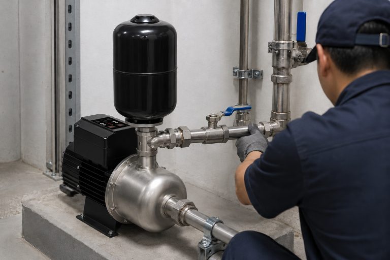 A realistic indoor pump installation scene showing a RAFSUN booster pump installed on a concrete platform in a clean mechanical room. The permanent magnet variable frequency booster pump features a black motor and smart controller, a stainless steel pump body, and a vertical black pressure tank mounted above the pump head. The front inlet is connected to a horizontal metal pipe with unions and support clamps, while the outlet near the pump head connects to a right side piping system through metal fittings, valves, elbows, and pipe joints. A technician is checking the pipe connection, creating a professional indoor pump installation view for a variable speed booster pump used in a constant pressure water pump system. The scene represents a smart booster pump supporting stable water supply for residential, commercial, or light industrial water pressure booster system applications.