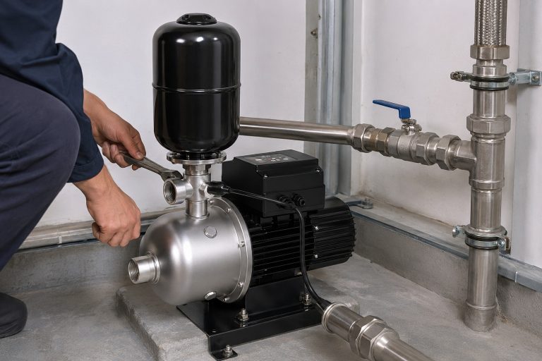 A realistic indoor pump installation featuring a RAFSUN booster pump mounted securely on a concrete base in a clean mechanical room. The system shows a permanent magnet variable frequency booster pump with a compact black motor body, top mounted controller housing, stainless steel pump head, and a vertically installed black pressure tank above the pump assembly. The inlet pipe enters the front of the pump horizontally, while the outlet side is connected through stainless steel fittings to a right side pipe network with unions, valves, elbows, joints, and pipe clamps, forming a professional water pressure booster system. A technician is adjusting the nearby piping, adding an authentic engineering and commissioning feel to the scene. This variable speed booster pump setup reflects a practical indoor pump installation for residential or light commercial water supply, where a constant pressure water pump and smart booster pump help deliver stable pressure, reliable flow, and efficient operation. The overall environment looks like a real equipment room or basement utility area, highlighting the quality and application value of a RAFSUN booster pump in a modern water pressure booster system.