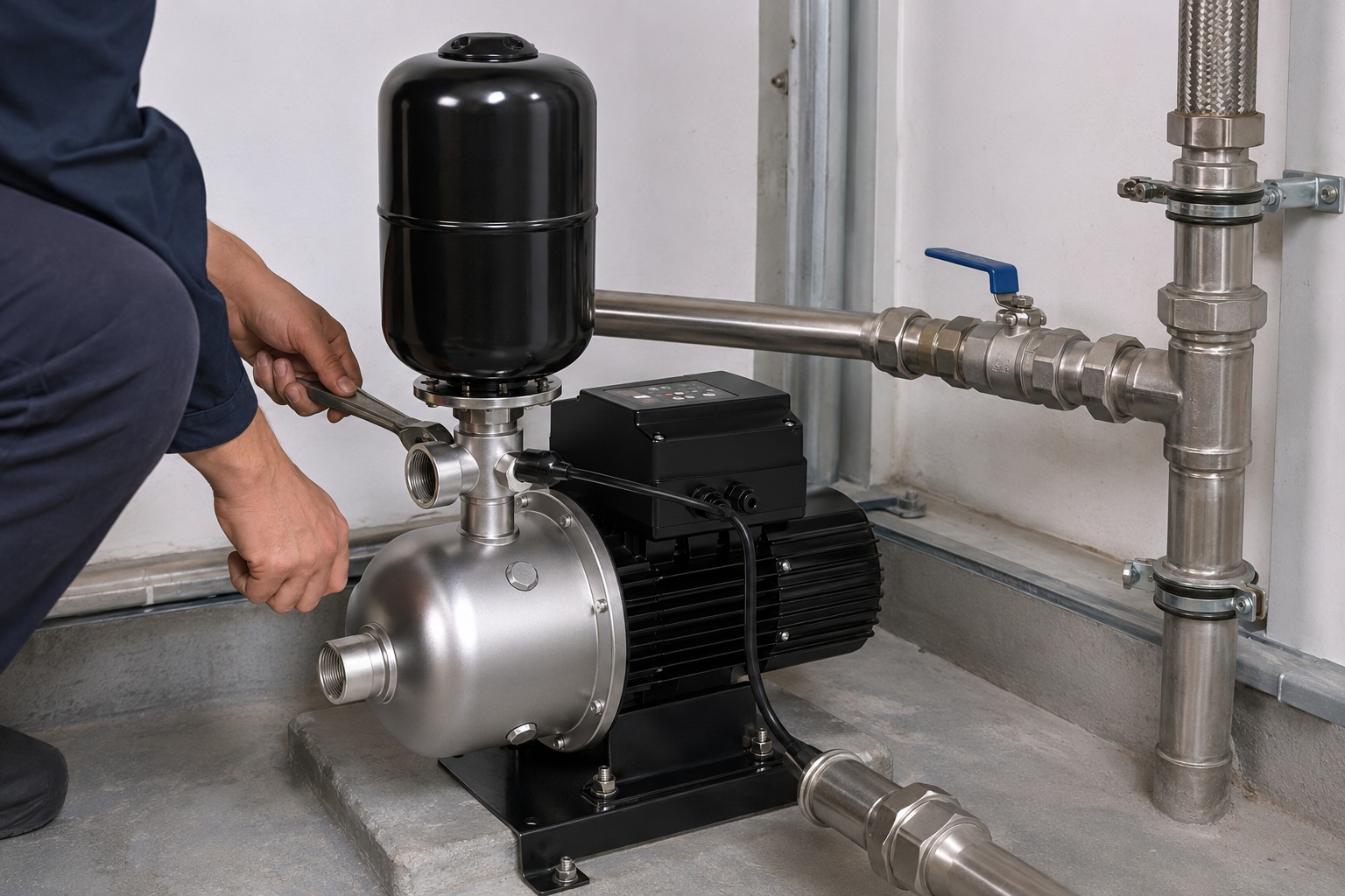 A realistic indoor pump installation featuring a RAFSUN booster pump mounted securely on a concrete base in a clean mechanical room. The system shows a permanent magnet variable frequency booster pump with a compact black motor body, top mounted controller housing, stainless steel pump head, and a vertically installed black pressure tank above the pump assembly. The inlet pipe enters the front of the pump horizontally, while the outlet side is connected through stainless steel fittings to a right side pipe network with unions, valves, elbows, joints, and pipe clamps, forming a professional water pressure booster system. A technician is adjusting the nearby piping, adding an authentic engineering and commissioning feel to the scene. This variable speed booster pump setup reflects a practical indoor pump installation for residential or light commercial water supply, where a constant pressure water pump and smart booster pump help deliver stable pressure, reliable flow, and efficient operation. The overall environment looks like a real equipment room or basement utility area, highlighting the quality and application value of a RAFSUN booster pump in a modern water pressure booster system.