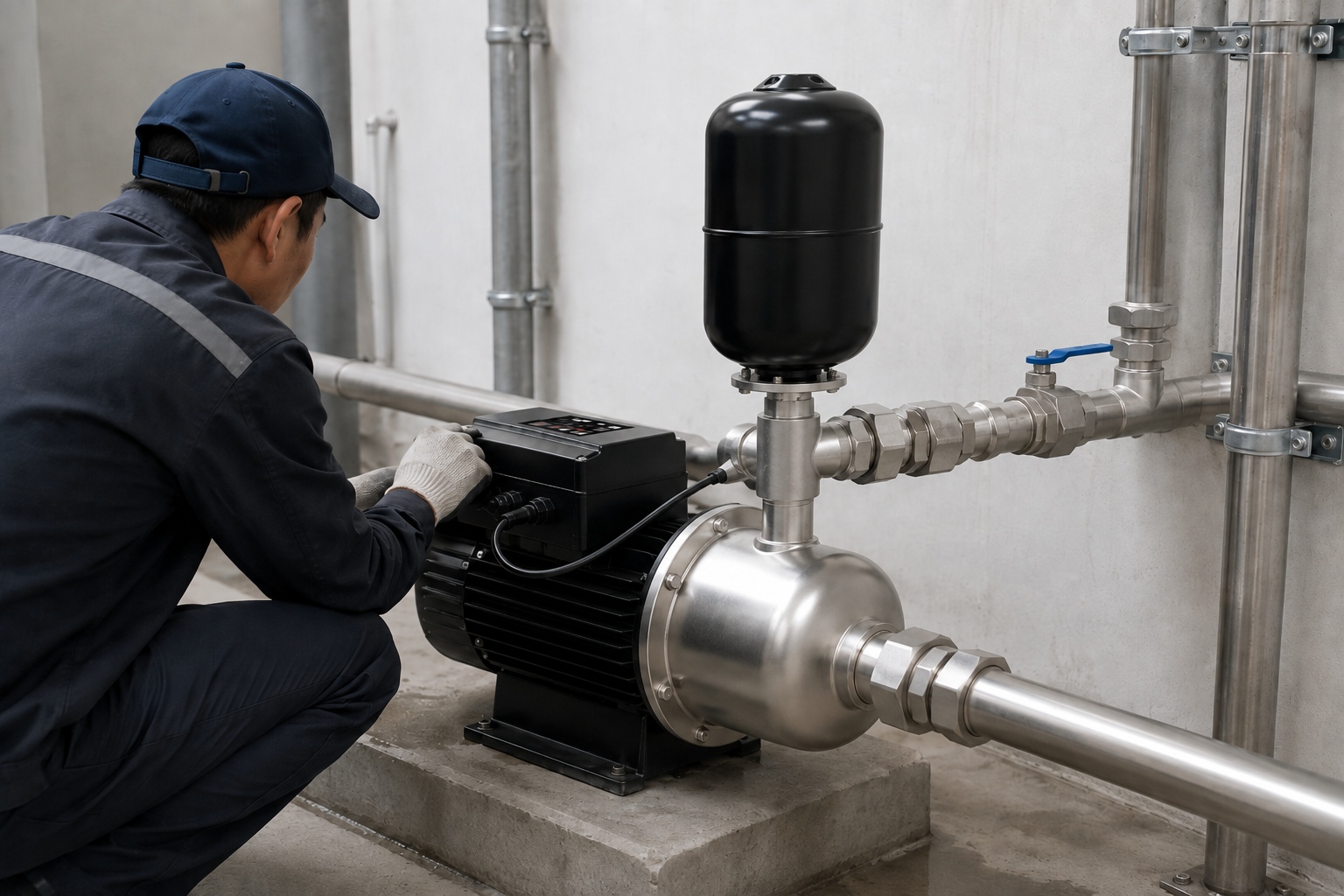 RAFSUN booster pump installed in a realistic indoor pump installation scene, with a Chinese technician checking the control area and pipe connections in a clean equipment room. The permanent magnet variable frequency booster pump features a black motor body, top mounted smart controller, stainless steel pump head, horizontal front inlet, side outlet connection, and a vertical pressure tank above the pump head. New metal inlet and outlet pipes are connected with unions, valves, elbows, tees, fittings, and pipe clamps, forming a professional water pressure booster system for residential or commercial water supply. This variable speed booster pump is designed as a smart booster pump and constant pressure water pump, supporting stable pressurized water flow and efficient operation in an indoor mechanical room or basement pump system.