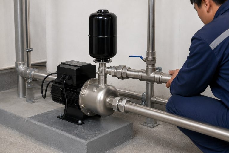 A RAFSUN permanent magnet variable frequency booster pump is professionally installed in a clean indoor pump installation scene, connected to a stainless steel water pressure booster system with straight inlet piping, horizontal outlet piping, unions, elbows, pipe clamps, and a blue handled valve. The RAFSUN booster pump features a black finned motor body, a top mounted smart controller, a stainless steel pump head, and a vertical black pressure tank above the pump body, showing a compact and practical design for residential or commercial water supply. This variable speed booster pump works as a constant pressure water pump, helping provide stable pressurized water through a neatly assembled piping system in an equipment room or basement mechanical area. The realistic setting, clean metal pipe connections, wall mounted supports, and professional installer create a natural engineering scene that highlights RAFSUN smart booster pump performance, reliable operation, and long term value for modern water pressure boosting applications.