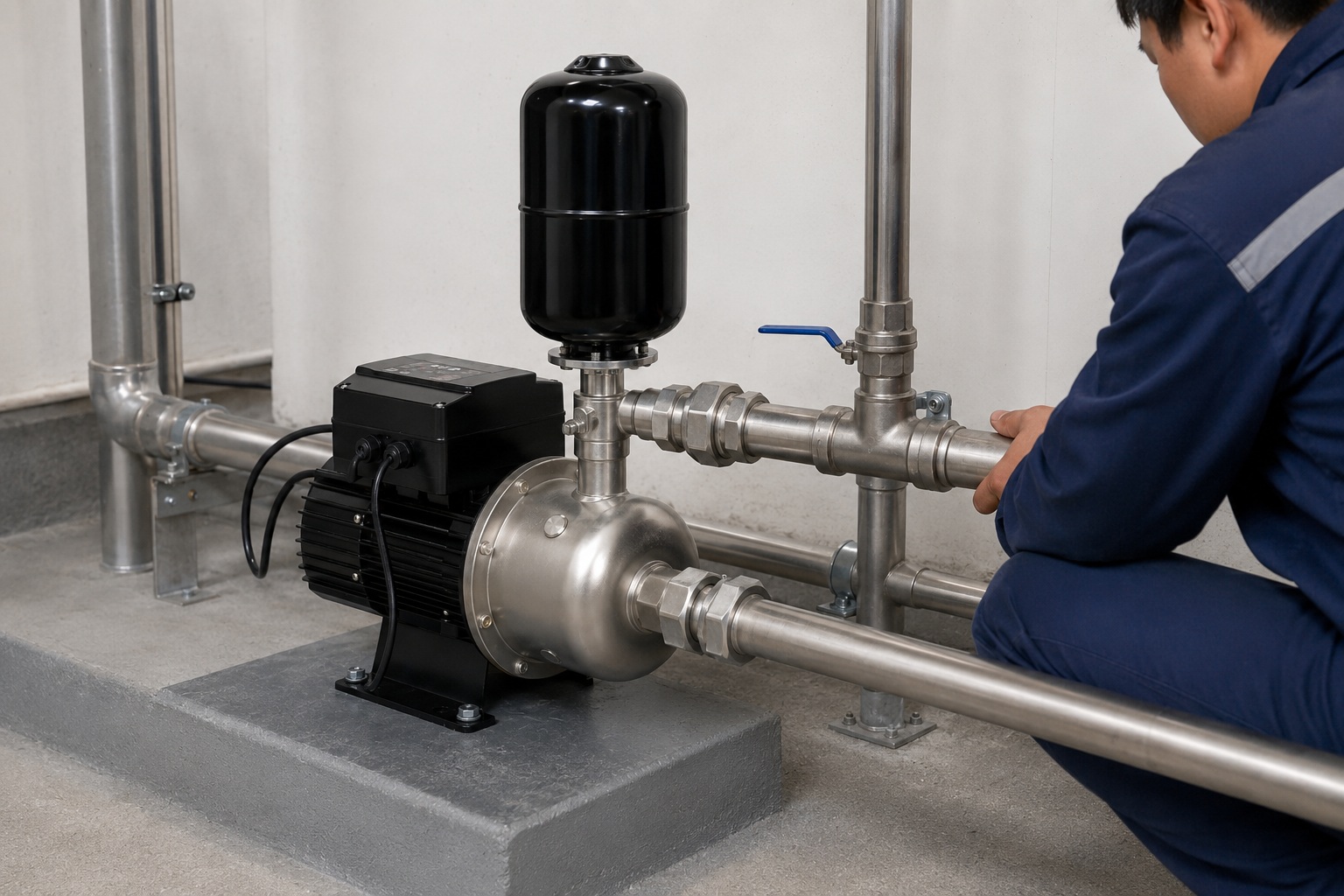 A RAFSUN permanent magnet variable frequency booster pump is professionally installed in a clean indoor pump installation scene, connected to a stainless steel water pressure booster system with straight inlet piping, horizontal outlet piping, unions, elbows, pipe clamps, and a blue handled valve. The RAFSUN booster pump features a black finned motor body, a top mounted smart controller, a stainless steel pump head, and a vertical black pressure tank above the pump body, showing a compact and practical design for residential or commercial water supply. This variable speed booster pump works as a constant pressure water pump, helping provide stable pressurized water through a neatly assembled piping system in an equipment room or basement mechanical area. The realistic setting, clean metal pipe connections, wall mounted supports, and professional installer create a natural engineering scene that highlights RAFSUN smart booster pump performance, reliable operation, and long term value for modern water pressure boosting applications.