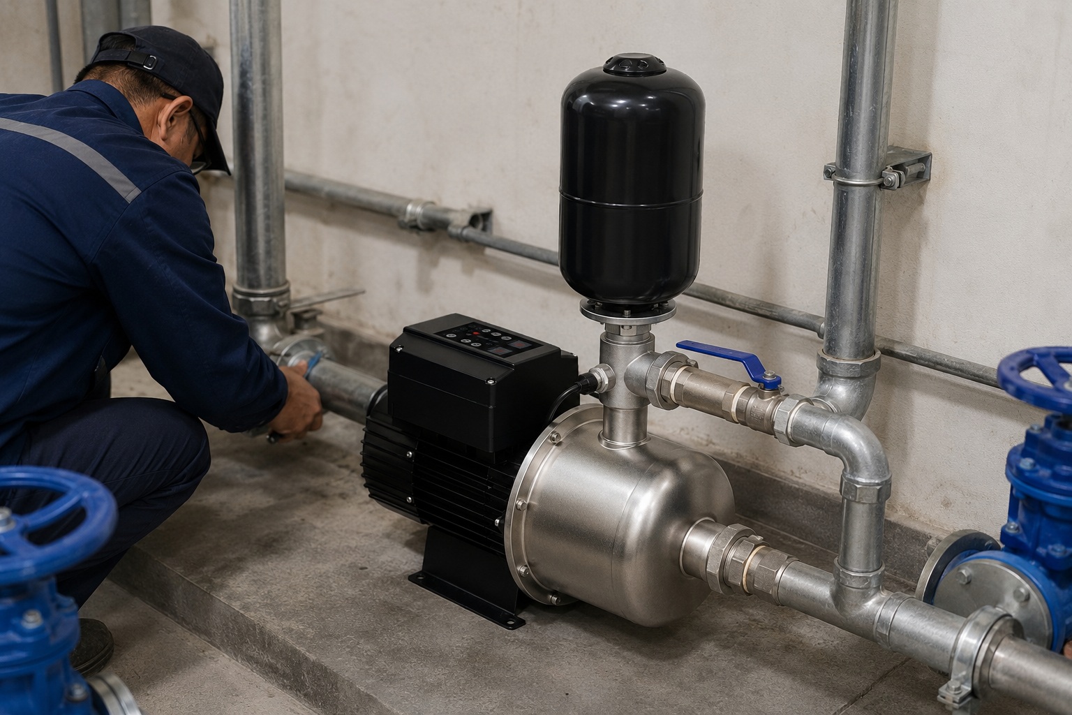 A realistic indoor pump installation scene showing a RAFSUN booster pump connected in a clean mechanical room with new metal piping, unions, elbows, tee fittings, pipe clamps, and blue handled valves. The RAFSUN permanent magnet variable frequency booster pump features a black motor body, top mounted smart controller, stainless pump head, horizontal front inlet connection, side outlet connection, and a vertical black pressure tank installed above the pump head. The variable speed booster pump is integrated into a professional water pressure booster system for stable water supply and constant pressure operation. A technician is shown working beside the indoor pump installation, checking the pipe connection and valve layout, creating a natural engineering site atmosphere suitable for residential or commercial water supply applications. This smart booster pump setup demonstrates a reliable constant pressure water pump solution for efficient indoor booster system installation.