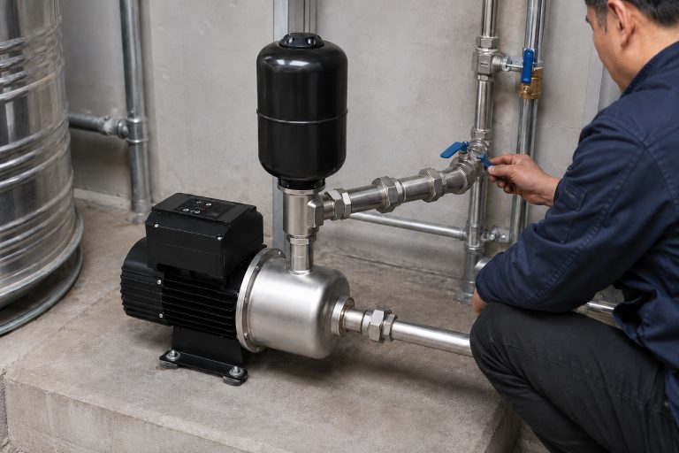 A realistic indoor pump installation shows a RAFSUN booster pump mounted securely on a concrete platform inside a clean mechanical room. The permanent magnet variable frequency booster pump features a black motor body, a top mounted smart controller, a silver stainless steel pump head, and a vertical black pressure tank installed above the pump head. The front inlet pipe is connected horizontally to the pump, while the outlet pipe runs from the pump head area into the right side piping system through clean metal fittings. The installation includes union connectors, shut off valves, elbows, threaded joints, pipe clamps, and wall mounted stainless steel pipe supports, creating a professional water pressure booster system for stable supply. A technician is adjusting the valve beside the unit, giving the scene a natural indoor pump installation feel. This RAFSUN booster pump is designed as a smart booster pump and constant pressure water pump for residential, commercial, or light industrial water supply applications where a reliable variable speed booster pump helps maintain steady pressure and efficient operation.
