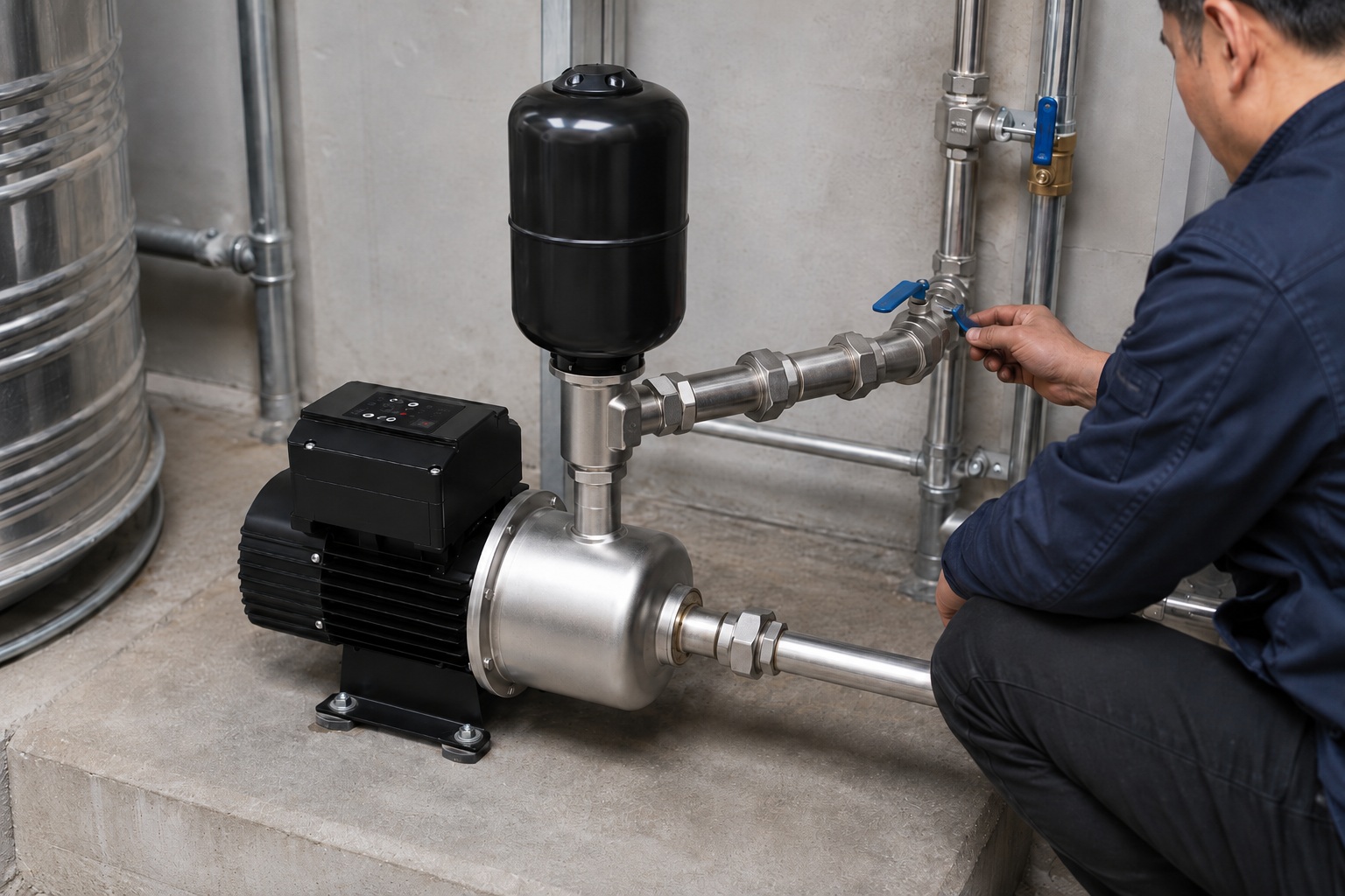 A realistic indoor pump installation shows a RAFSUN booster pump mounted securely on a concrete platform inside a clean mechanical room. The permanent magnet variable frequency booster pump features a black motor body, a top mounted smart controller, a silver stainless steel pump head, and a vertical black pressure tank installed above the pump head. The front inlet pipe is connected horizontally to the pump, while the outlet pipe runs from the pump head area into the right side piping system through clean metal fittings. The installation includes union connectors, shut off valves, elbows, threaded joints, pipe clamps, and wall mounted stainless steel pipe supports, creating a professional water pressure booster system for stable supply. A technician is adjusting the valve beside the unit, giving the scene a natural indoor pump installation feel. This RAFSUN booster pump is designed as a smart booster pump and constant pressure water pump for residential, commercial, or light industrial water supply applications where a reliable variable speed booster pump helps maintain steady pressure and efficient operation.