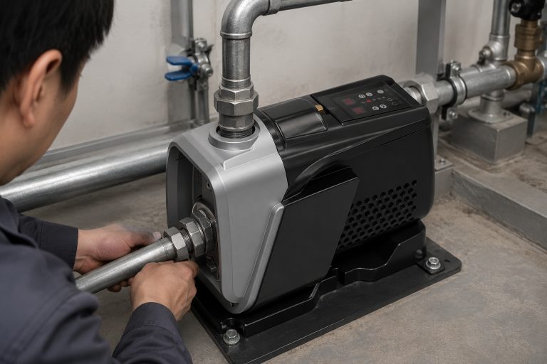 A realistic indoor pump installation scene showing a RAFSUN booster pump mounted securely on a concrete platform in a clean mechanical room. The permanent magnet variable frequency booster pump features a compact one-piece body with a silver front pump head, dark side housing, black base, ventilation openings, and a top-mounted smart control panel. The inlet pipe is connected to the front threaded port, while the outlet pipe is connected from the top front port with clean metal fittings, unions, elbows, valves, pipe clamps, and wall-mounted supports. A technician is adjusting the pipe connection by hand, creating a natural indoor pump installation scene for a reliable water pressure booster system. The RAFSUN booster pump is designed for stable constant pressure water pump operation, making it a professional variable speed booster pump solution for residential and commercial water supply systems.