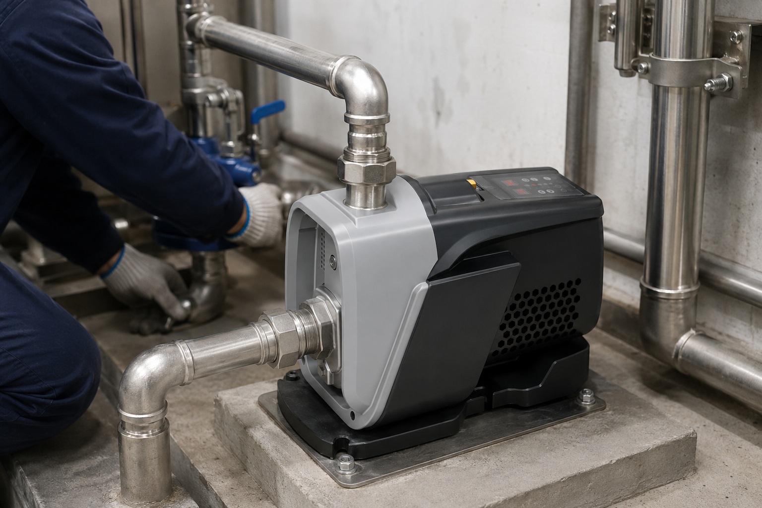 A RAFSUN booster pump installed in a clean indoor pump installation room, showing a compact permanent magnet variable frequency booster pump with a silver front pump head, dark black motor housing, side ventilation openings, and a top mounted smart controller. The inlet pipe is connected to the threaded front pump head port, while the outlet pipe rises directly from the top front discharge port with stainless steel fittings, unions, elbows, shutoff valves, pipe clamps, and wall mounted supports. The pump is securely fixed on a concrete platform with anchor bolts, forming a professional water pressure booster system for stable constant pressure water supply. This variable speed booster pump and smart booster pump setup is suitable for residential or commercial applications where reliable priming, pressure boosting, and smooth operation are required.