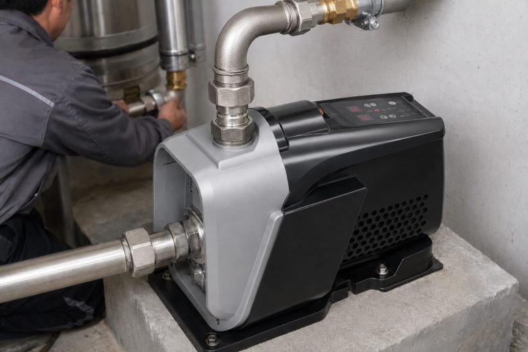 Scène réaliste d'installation d'une pompe de surpression RAFSUN en salle blanche, fixée solidement sur une plateforme en béton. Cette pompe à surpression à aimant permanent intégré et à fréquence variable présente un corps compact noir et argent, un panneau de commande intelligent sur le dessus, une tête de pompe frontale avec le tuyau d'aspiration raccordé à l'orifice fileté avant et un tuyau de refoulement métallique raccordé directement à la sortie supérieure avant. La tuyauterie, les raccords, les coudes, les vannes, les colliers et les brides en acier inoxydable neufs constituent un système de surpression professionnel garantissant une alimentation en eau à pression constante et stable. La pompe à surpression à vitesse variable est présentée dans le cadre d'une installation pratique pour l'alimentation en eau résidentielle ou commerciale. Un installateur travaille en arrière-plan, tandis que la pompe RAFSUN fonctionne comme une pompe à eau fiable à pression constante.