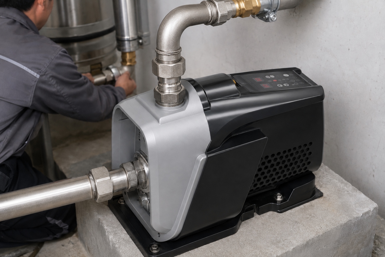 A realistic indoor pump installation scene showing a RAFSUN booster pump mounted securely on a concrete platform in a clean equipment room. The integrated permanent magnet variable frequency booster pump features a compact black and silver body, a top-mounted smart control panel, a front pump head with the inlet pipe connected inside the front threaded port, and a metal outlet pipe connected directly from the top front outlet. New stainless steel piping, unions, elbows, valves, fittings, and pipe clamps create a professional water pressure booster system for stable constant pressure water supply. The variable speed booster pump is shown as part of a practical indoor pump installation for residential or commercial water supply, with an installer working in the background and the RAFSUN smart booster pump operating as a reliable constant pressure water pump.