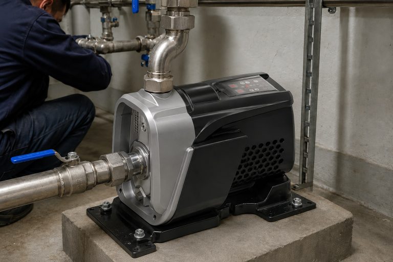 A realistic indoor pump installation showing a RAFSUN booster pump mounted securely on a concrete platform inside a clean equipment room. The permanent magnet variable frequency booster pump features a compact integrated body, silver front pump head, dark motor housing, side ventilation openings, and a top control panel for smart pressure operation. The inlet pipe is connected to the front internal threaded port, while the outlet pipe rises from the top front connection with a metal elbow, union fitting, valve, and clean stainless steel piping. The system includes pipe clamps, connectors, bolts, and professional mounting hardware, creating a reliable water pressure booster system for stable constant pressure water supply. This variable speed booster pump installation demonstrates how a smart booster pump works with pipes, valves, and fittings to maintain efficient indoor water pressure in a pump room or basement utility area.