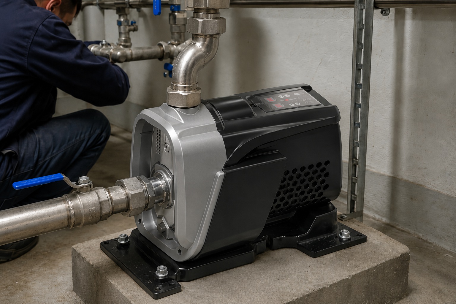 A realistic indoor pump installation showing a RAFSUN booster pump mounted securely on a concrete platform inside a clean equipment room. The permanent magnet variable frequency booster pump features a compact integrated body, silver front pump head, dark motor housing, side ventilation openings, and a top control panel for smart pressure operation. The inlet pipe is connected to the front internal threaded port, while the outlet pipe rises from the top front connection with a metal elbow, union fitting, valve, and clean stainless steel piping. The system includes pipe clamps, connectors, bolts, and professional mounting hardware, creating a reliable water pressure booster system for stable constant pressure water supply. This variable speed booster pump installation demonstrates how a smart booster pump works with pipes, valves, and fittings to maintain efficient indoor water pressure in a pump room or basement utility area.