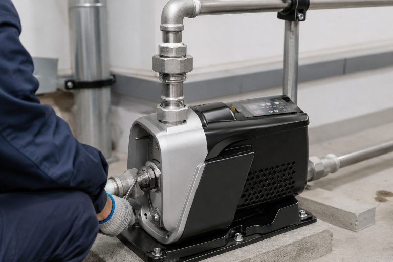 A RAFSUN booster pump installed in a clean indoor pump room, showing a compact permanent magnet variable frequency booster pump fixed securely on a concrete platform with anchor bolts. The black and silver pump body features an integrated controller on the top, side ventilation openings, and a front pump head connected to new metal piping. The inlet pipe is connected at the front threaded port with a union fitting, while the outlet pipe rises from the top discharge port through stainless steel elbows, couplings, and supported pipe clamps. A professional installer wearing work gloves adjusts the connection beside the pump, creating a realistic indoor pump installation scene for a variable speed booster pump used in a constant pressure water pump and water pressure booster system.