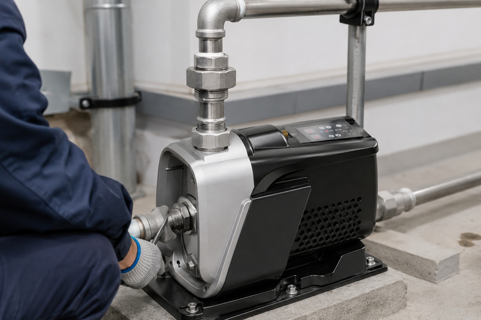 A RAFSUN booster pump installed in a clean indoor pump room, showing a compact permanent magnet variable frequency booster pump fixed securely on a concrete platform with anchor bolts. The black and silver pump body features an integrated controller on the top, side ventilation openings, and a front pump head connected to new metal piping. The inlet pipe is connected at the front threaded port with a union fitting, while the outlet pipe rises from the top discharge port through stainless steel elbows, couplings, and supported pipe clamps. A professional installer wearing work gloves adjusts the connection beside the pump, creating a realistic indoor pump installation scene for a variable speed booster pump used in a constant pressure water pump and water pressure booster system.
