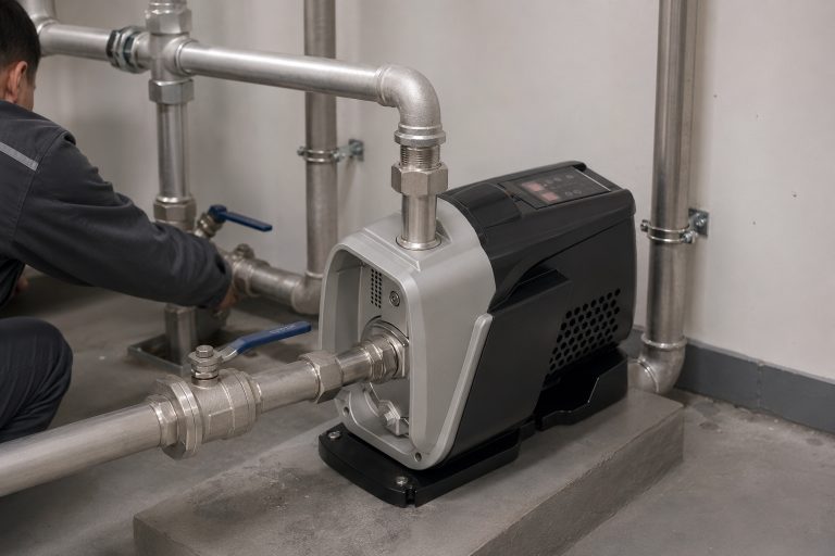 Une scène réaliste d'installation d'une pompe de surpression RAFSUN en salle blanche, destinée à un système professionnel. Cette pompe compacte à aimant permanent et à fréquence variable est dotée d'un corps de pompe intégré argent et noir, d'un contrôleur intelligent monté sur le dessus, d'orifices de ventilation latéraux, d'une entrée et d'une sortie frontales. De nouveaux tuyaux métalliques sont solidement raccordés à l'aide de raccords union, de coudes, de vannes d'arrêt, de colliers de serrage et de supports muraux, assurant une installation pratique et un transfert d'eau stable à pression constante. La pompe est fixée sur une plateforme en béton par des boulons d'ancrage, tandis qu'un technicien travaille à proximité, conférant à la scène un aspect professionnel et réaliste. Cette pompe de surpression intelligente RAFSUN convient aux applications d'alimentation en eau résidentielles ou commerciales où une pompe à vitesse variable et une pompe à pression constante contribuent à maintenir une pression fiable et une gestion efficace des fluides.