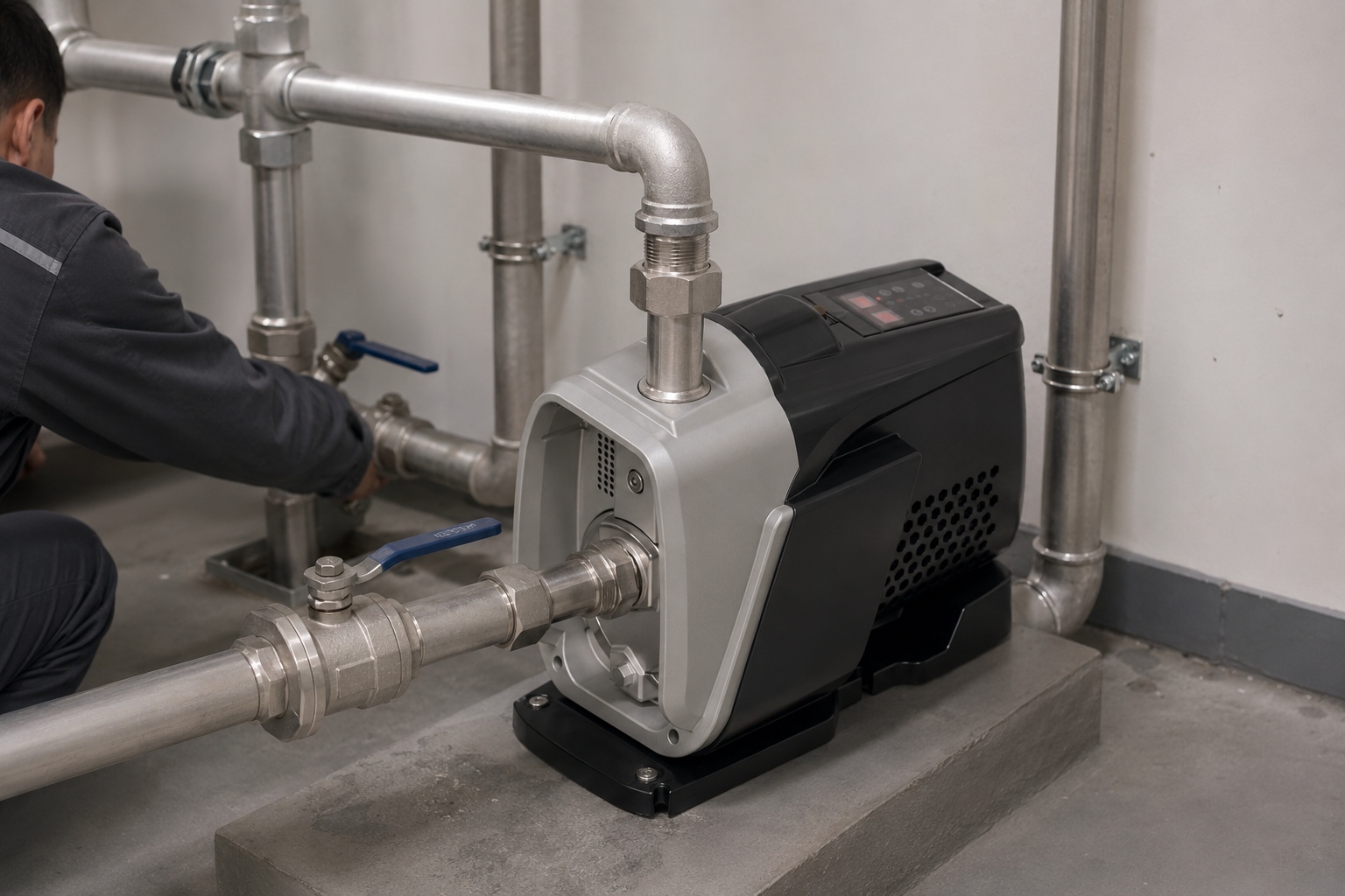A realistic indoor pump installation scene showing a RAFSUN booster pump installed in a clean equipment room for a professional water pressure booster system. The compact permanent magnet variable frequency booster pump features an integrated silver and black pump body, a top mounted smart controller, side ventilation openings, a front inlet connection, and a top front outlet connection. New metal pipes are securely connected with unions, threaded fittings, elbows, shutoff valves, pipe clamps, and wall mounted supports, creating a practical indoor pump installation for stable water transfer and constant pressure operation. The pump is firmly fixed on a concrete platform with anchor bolts, while a technician works nearby, giving the scene a natural and professional engineering feel. This RAFSUN smart booster pump is suitable for residential or commercial water supply applications where a variable speed booster pump and constant pressure water pump help maintain reliable pressure and efficient fluid management.