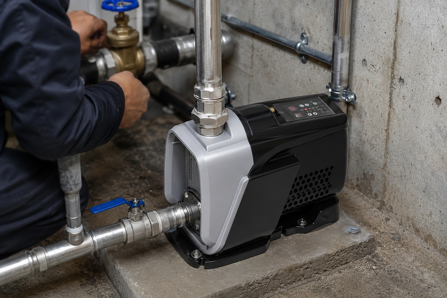 RAFSUN permanent magnet variable frequency booster pump installed in a clean indoor pump installation scene, mounted securely on a concrete platform with visible anchor bolts and connected to a professional water pressure booster system. The compact black and silver smart booster pump features an integrated control panel on the top, a front inlet connection, a top outlet pipe, and a stable base structure designed for constant pressure water pump operation. New metal piping, unions, shutoff valves, elbows, threaded fittings, pipe clamps, and wall-mounted supports create a realistic variable speed booster pump installation for steady household or commercial water supply. A technician is adjusting the nearby valve while the RAFSUN booster pump operates as part of a clean and reliable constant pressure boosting system, helping maintain stable water flow in an indoor equipment room.
