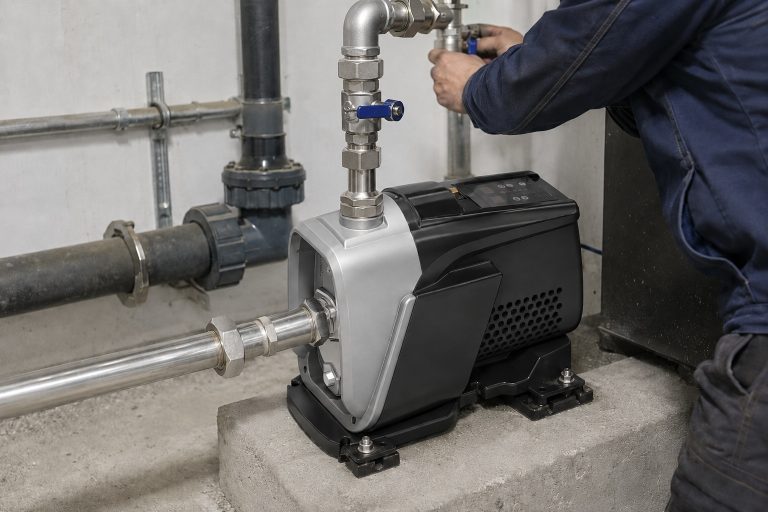 A realistic indoor pump installation shows a RAFSUN booster pump fixed securely on a concrete platform inside a clean equipment room or basement pump room. The compact one piece permanent magnet variable frequency booster pump features a silver front pump head, black and gray motor housing, side ventilation openings, a top mounted smart controller, and a stable base anchored with bolts. A clean stainless steel inlet pipe is connected to the front inner threaded port, while the outlet pipe rises from the top front connection through metal unions, elbows, valves, fittings, and pipe clamps. The professional indoor pump installation is designed as a water pressure booster system for residential or commercial water supply, helping the variable speed booster pump operate as a constant pressure water pump for stable and reliable pressurized water flow. A technician is shown adjusting the piping, giving the smart booster pump scene a natural and professional working site appearance.