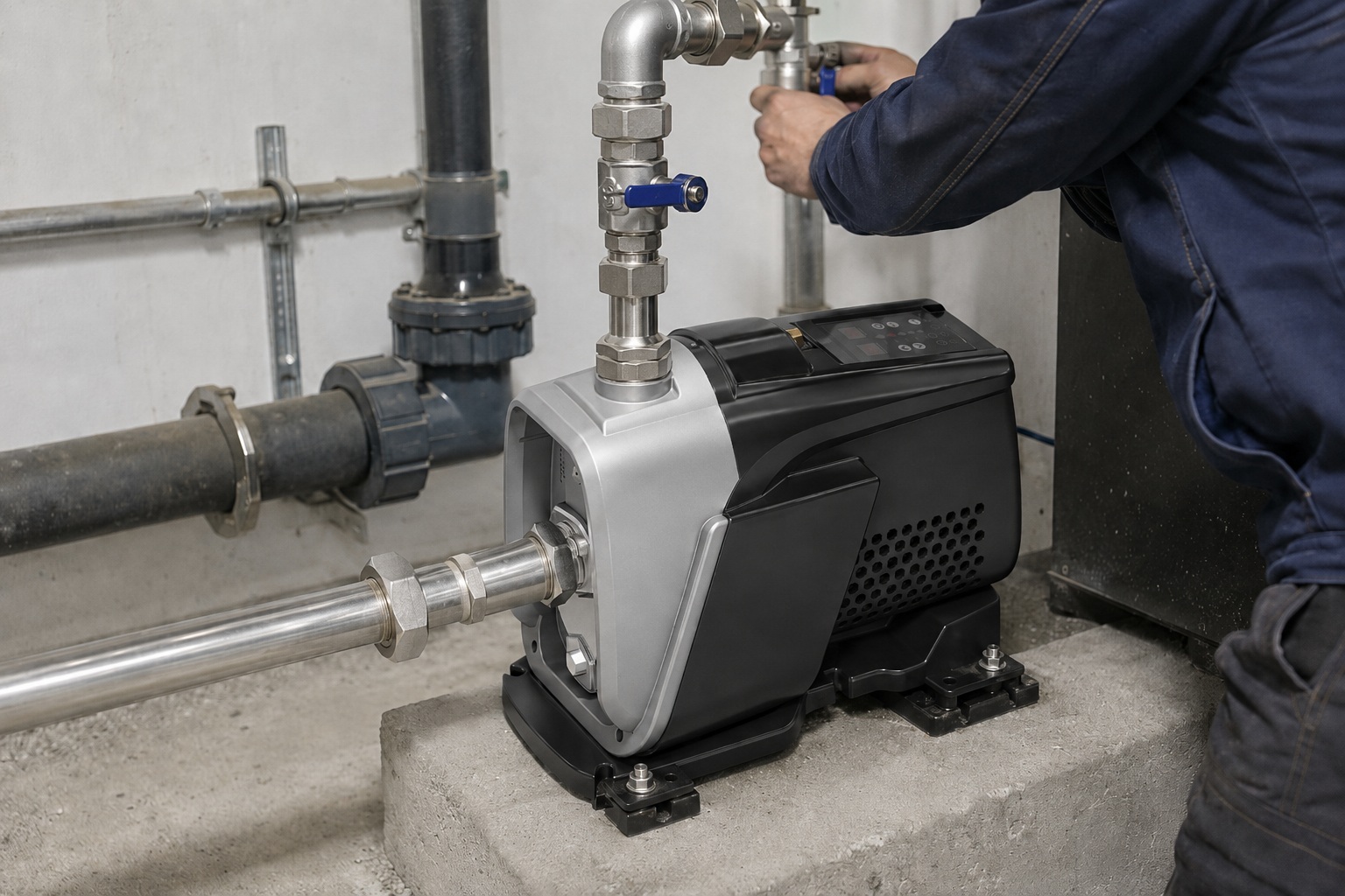 A realistic indoor pump installation shows a RAFSUN booster pump fixed securely on a concrete platform inside a clean equipment room or basement pump room. The compact one piece permanent magnet variable frequency booster pump features a silver front pump head, black and gray motor housing, side ventilation openings, a top mounted smart controller, and a stable base anchored with bolts. A clean stainless steel inlet pipe is connected to the front inner threaded port, while the outlet pipe rises from the top front connection through metal unions, elbows, valves, fittings, and pipe clamps. The professional indoor pump installation is designed as a water pressure booster system for residential or commercial water supply, helping the variable speed booster pump operate as a constant pressure water pump for stable and reliable pressurized water flow. A technician is shown adjusting the piping, giving the smart booster pump scene a natural and professional working site appearance.