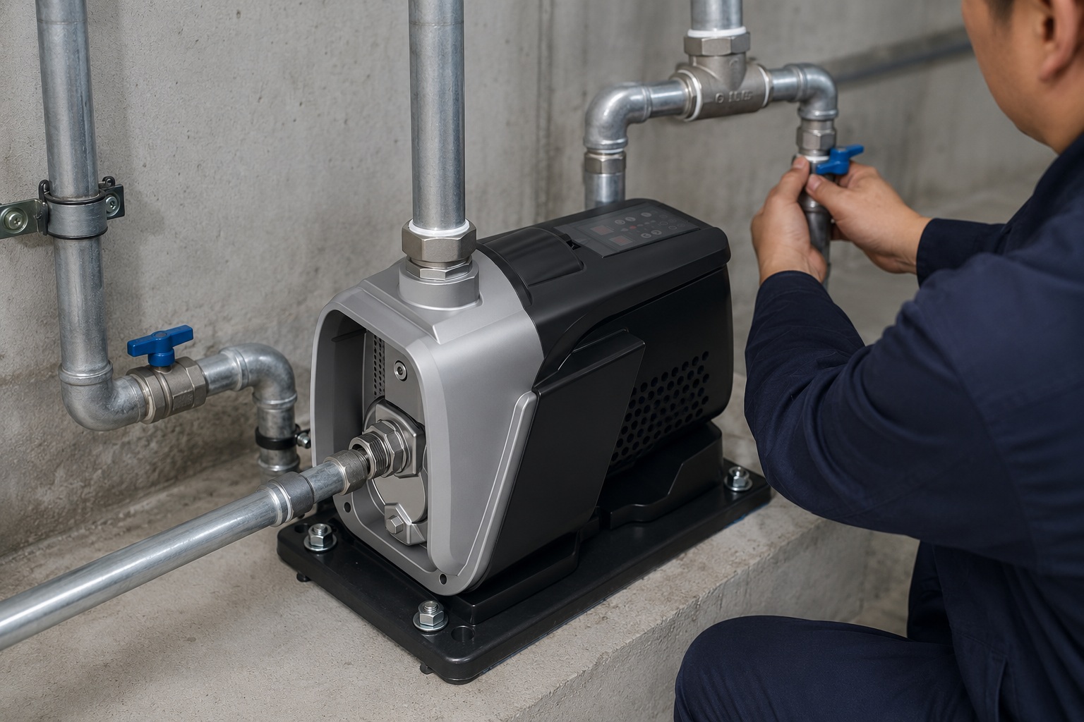 A realistic indoor pump installation scene showing a RAFSUN booster pump mounted securely on a concrete platform inside a clean equipment room. The compact permanent magnet variable frequency booster pump features a light gray front pump head, dark rear motor housing, integrated top control panel, ventilated side cover, and a firmly bolted black base. The inlet pipe is connected to the front threaded pump interface, while the outlet pipe rises from the top front outlet with metal fittings, unions, elbows, shutoff valves, pipe clamps, and clean galvanized piping arranged for a professional water pressure booster system. A technician is shown from the side adjusting a valve, creating a natural indoor pump installation environment. The RAFSUN booster pump appears ready for stable water supply, constant pressure operation, and efficient pressure boosting as a smart booster pump, variable speed booster pump, and constant pressure water pump for residential or commercial utility rooms.