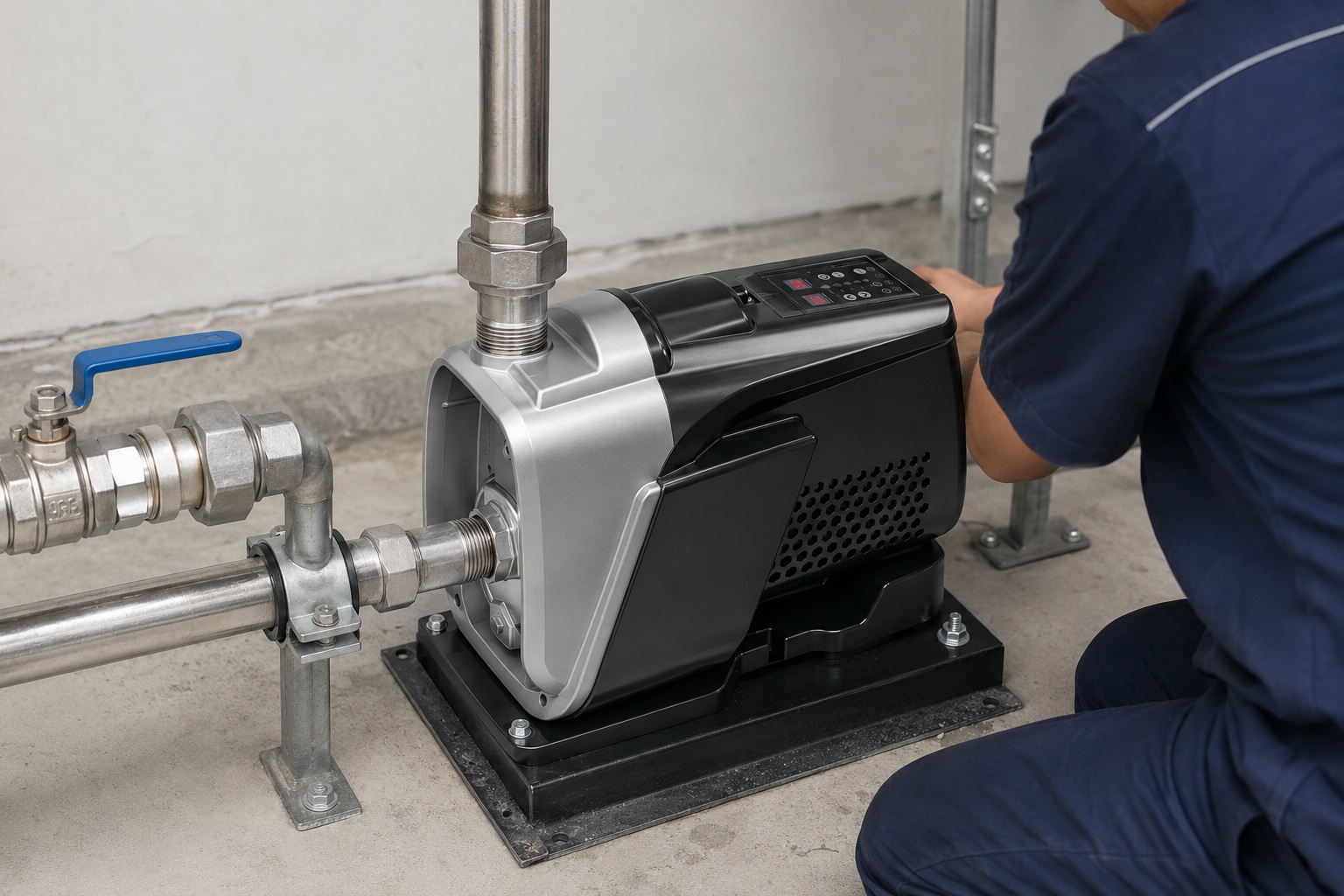 A realistic indoor pump installation showing a RAFSUN booster pump securely mounted on a black base plate with anchor bolts in a clean equipment room. The permanent magnet variable frequency booster pump features a silver front pump body, dark integrated motor housing, top-mounted smart controller, and compact all-in-one structure without an external pressure tank. A stainless steel inlet pipe is connected to the front threaded inlet with unions, elbows, pipe clamps, and a blue handle shutoff valve, while the outlet pipe rises directly from the top front outlet of the pump head for constant pressure water supply. The professional indoor pump installation includes clean metal piping, support brackets, fittings, and a technician working beside the system, creating a reliable water pressure booster system for residential or commercial use. This RAFSUN booster pump is shown as a smart booster pump and variable speed booster pump designed for stable operation, efficient pressure control, and dependable constant pressure water pump performance.