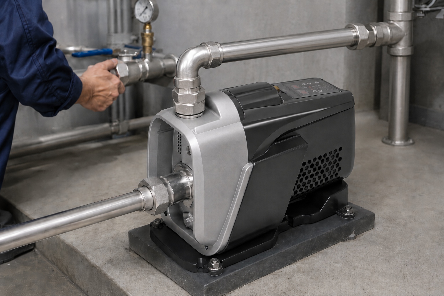 A realistic indoor pump installation scene showing a RAFSUN booster pump mounted securely on a concrete platform inside a clean equipment room. The compact permanent magnet variable frequency booster pump features a silver pump head, dark gray integrated motor housing, top control panel, front inlet connection, and a top front outlet connected to stainless steel piping. The indoor pump installation includes clean metal inlet and outlet pipes, threaded unions, elbows, valves, pipe fittings, and visible anchor bolts fixing the pump base firmly in place. A technician is adjusting the nearby pipework while the variable speed booster pump supports a stable water pressure booster system for residential or commercial water supply. This smart booster pump is designed for constant pressure water pump operation, helping maintain efficient and reliable pressurized water flow in a professional mechanical room setting.