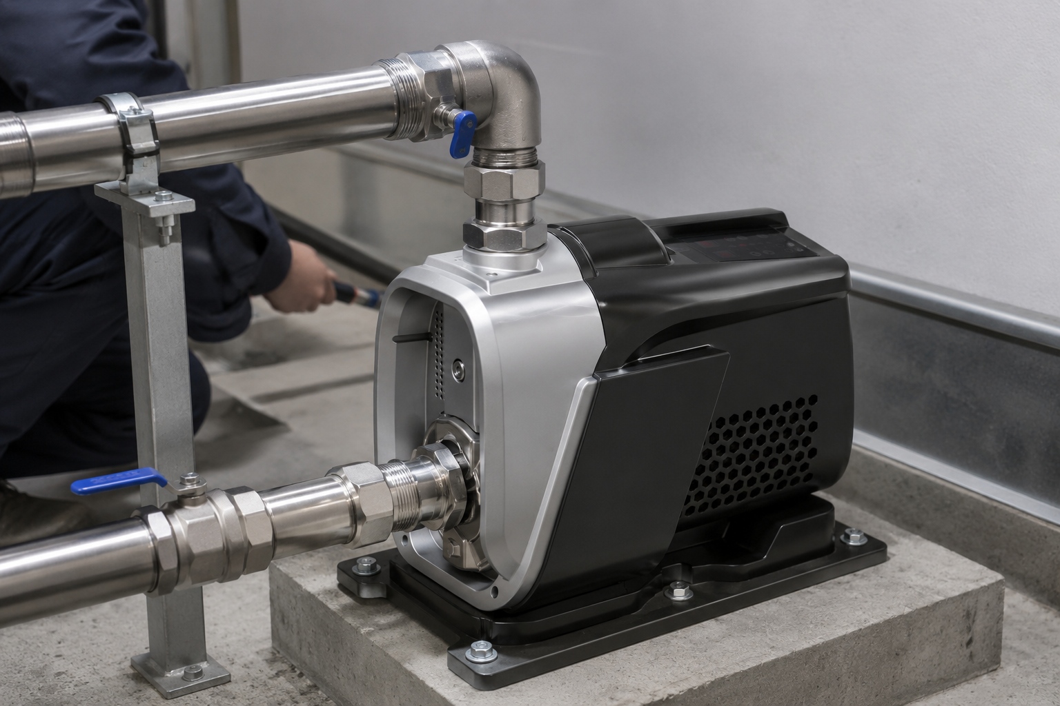 A realistic indoor pump installation showing a RAFSUN booster pump mounted securely on a concrete platform with anchor bolts in a clean utility room. The silver and dark gray permanent magnet variable frequency booster pump features an integrated body design, top mounted smart controller, front suction inlet connected to a stainless steel pipe, and a top front discharge outlet connected through metal fittings and an elbow. The indoor pump installation includes clean metal piping, unions, blue handle valves, threaded connectors, pipe clamps, and support brackets for a professional water pressure booster system. This variable speed booster pump is installed for stable water supply and constant pressure operation in a residential or commercial equipment room, showing a practical constant pressure water pump setup with a smart booster pump design and realistic surrounding walls, floor, and service space.
