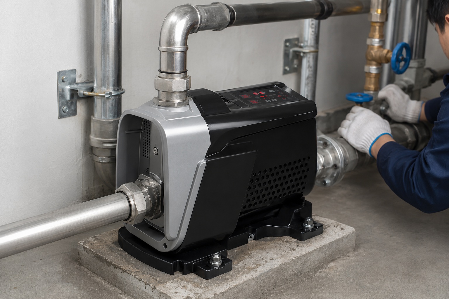 A RAFSUN booster pump installed in a clean indoor pump installation scene, showing a compact permanent magnet variable frequency booster pump fixed securely on a concrete platform with visible anchor bolts. The silver and black pump body features an integrated smart controller on the top, a front inlet pipe connected inside the pump head, and a top front outlet connected to a polished metal elbow and discharge pipe. The water pressure booster system includes clean stainless steel piping, union fittings, shutoff valves, elbows, pipe clamps, and wall-mounted supports for a professional residential or commercial water supply setup. A technician wearing work gloves adjusts the nearby valve, suggesting stable operation and constant pressure water delivery. This variable speed booster pump is designed for smart booster pump applications where reliable pressure control, quiet operation, and long-term water system performance are required.