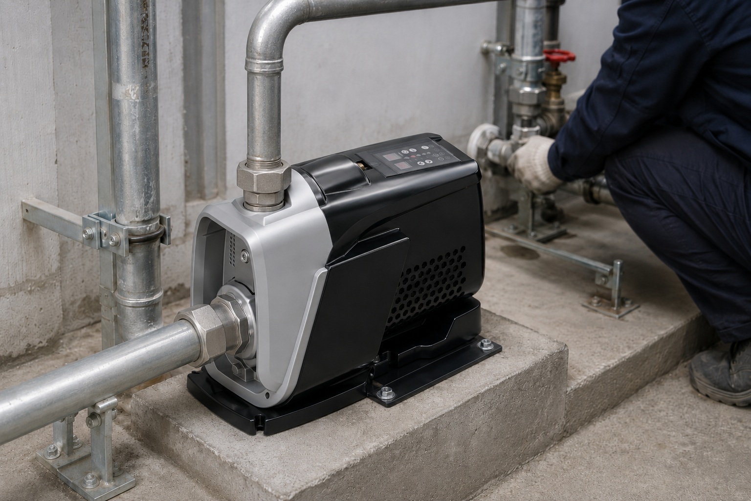 RAFSUN RUC permanent magnet variable frequency booster pump installed in a clean indoor pump installation scene, mounted securely on a concrete platform with anchor bolts for a professional water pressure booster system. The compact all in one pump features a silver front pump head, black motor housing, top mounted smart control panel, front suction inlet connected to a metal pipe, and a top front discharge outlet connected to vertical piping with unions, elbows, valves, pipe clamps, and support brackets. The RAFSUN booster pump works as a variable speed booster pump and constant pressure water pump for stable residential or commercial water supply, helping maintain reliable pressure in a neat equipment room or basement pump room environment.