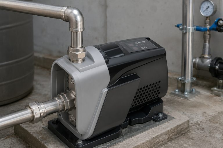 Installation réaliste d'une pompe de surpression RAFSUN en intérieur, fixée solidement sur une plateforme en béton dans une salle blanche. Cette pompe à aimant permanent et à fréquence variable présente un corps compact et intégré, une tête de pompe avant argentée, un carter moteur gris foncé, un panneau de commande supérieur, une ventilation latérale et un socle noir fixe avec boulons d'ancrage apparents. Le tuyau d'aspiration est raccordé à l'orifice fileté interne avant, tandis que le tuyau de refoulement sort directement de la sortie avant supérieure grâce à des raccords métalliques, des unions, des coudes et des connecteurs filetés. La tuyauterie en acier inoxydable, les colliers de serrage, un manomètre et une vanne à poignée bleue en arrière-plan complètent ce système de surpression professionnel pour l'alimentation en eau résidentielle ou commerciale. Cette pompe à surpression à vitesse variable est conçue pour un débit d'eau stable, un fonctionnement à pression constante et une performance optimale en intérieur. La scène illustre un environnement d'ingénierie naturel pour une pompe de surpression intelligente et une pompe à eau à pression constante utilisées dans les systèmes d'alimentation en eau des bâtiments modernes.