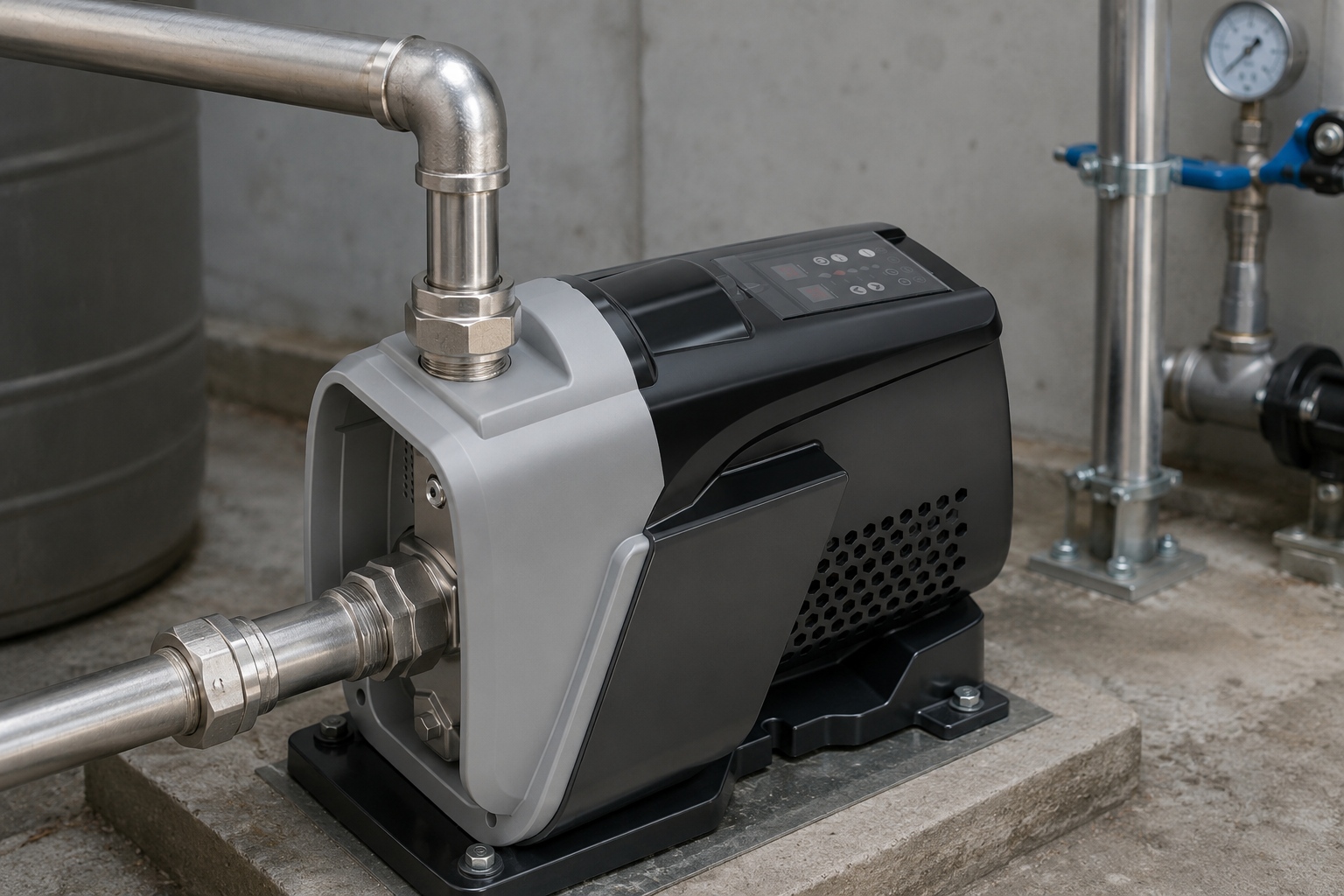 A realistic indoor pump installation showing a RAFSUN booster pump mounted securely on a concrete platform inside a clean equipment room. The permanent magnet variable frequency booster pump features a compact integrated body with a silver front pump head, dark gray motor housing, top control panel, side ventilation design, and a fixed black base with visible anchor bolts. The inlet pipe is connected to the front internal threaded port, while the outlet pipe rises directly from the top front outlet using clean metal fittings, unions, elbows, and threaded connectors. Stainless steel piping, pipe clamps, a pressure gauge, and a blue-handled valve in the background create a professional water pressure booster system for residential or commercial supply. This variable speed booster pump is designed for stable water delivery, constant pressure operation, and efficient booster performance in an indoor pump installation. The scene presents a natural engineering environment for a smart booster pump and constant pressure water pump used in modern building water supply systems.