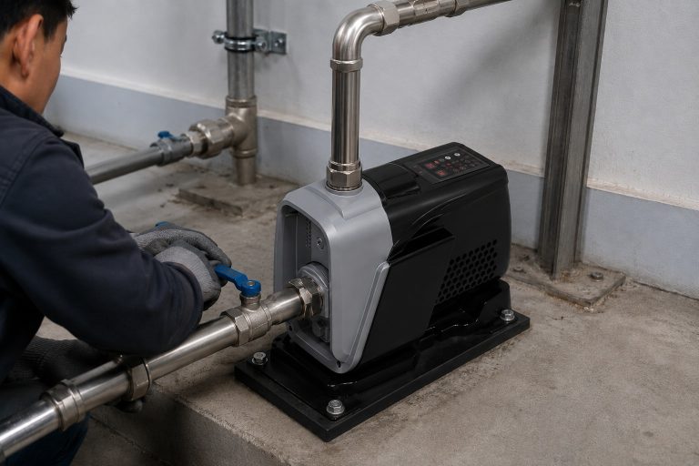 Installation réaliste d'une pompe de surpression RAFSUN en salle blanche, fixée solidement sur une plateforme en béton par des boulons d'ancrage. Cette pompe compacte à aimant permanent et à fréquence variable est dotée d'une tête de pompe avant argentée, d'un carter moteur intégré noir, d'un contrôleur intelligent monté sur le dessus, d'une entrée d'eau frontale et d'une sortie frontale supérieure raccordée directement à une tuyauterie en acier inoxydable. L'installation comprend des tuyaux d'entrée et de sortie métalliques propres, des raccords union, des vannes à poignée bleue, des raccords filetés, des coudes, des colliers de serrage et des supports muraux, formant un système de surpression professionnel pour une utilisation résidentielle ou commerciale légère. Un technicien travaille à proximité de la tuyauterie tandis que la pompe de surpression à vitesse variable fonctionne comme une pompe à eau à pression constante, assurant un débit d'eau stable et une pression fiable pour l'alimentation en eau domestique.