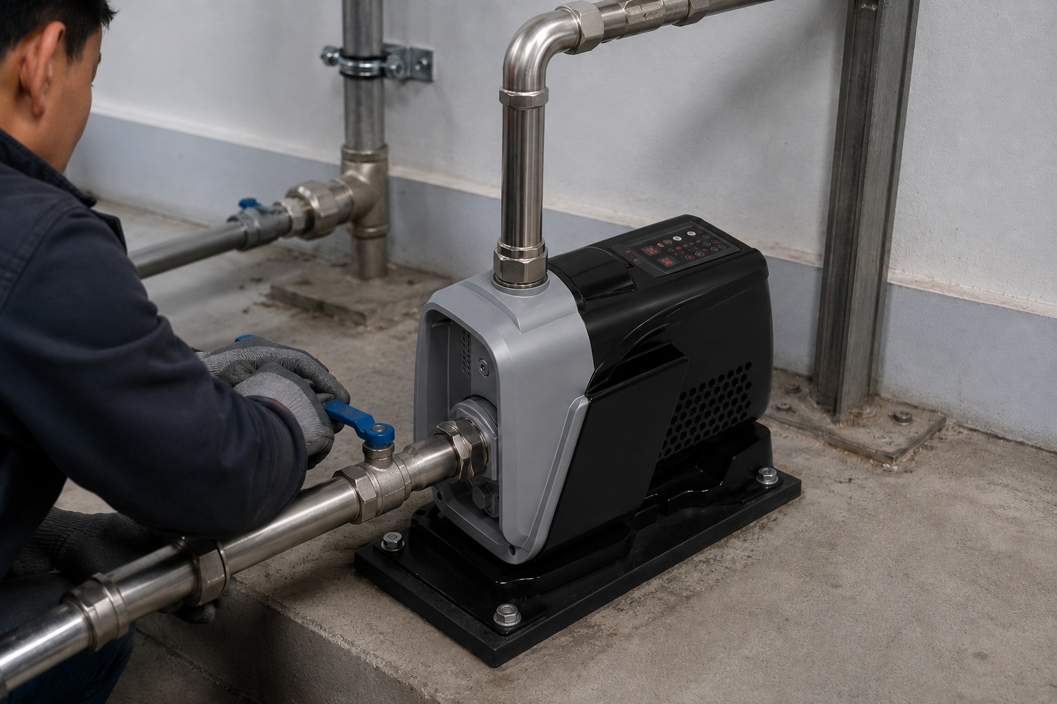 A realistic indoor pump installation showing a RAFSUN booster pump mounted securely on a concrete platform with anchor bolts in a clean equipment room. The compact permanent magnet variable frequency booster pump features a silver front pump head, black integrated motor housing, top mounted smart controller, front inlet connection, and a top front outlet connected directly to stainless steel piping. The indoor pump installation includes clean metal inlet and outlet pipes, union joints, blue handle valves, threaded connectors, elbows, pipe clamps, and wall mounted supports, forming a professional water pressure booster system for residential or light commercial use. A technician is working beside the piping while the variable speed booster pump operates as a constant pressure water pump, helping maintain stable water flow and reliable pressure for home water supply applications.